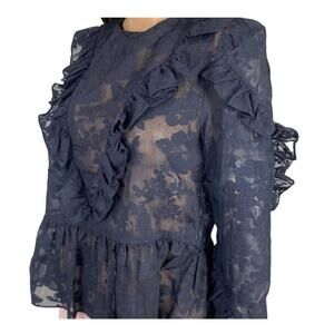 H&M Navy Blue Sheer Floral Ruffle Peplum Long Sleeve Shirt Top Womens Sz 4